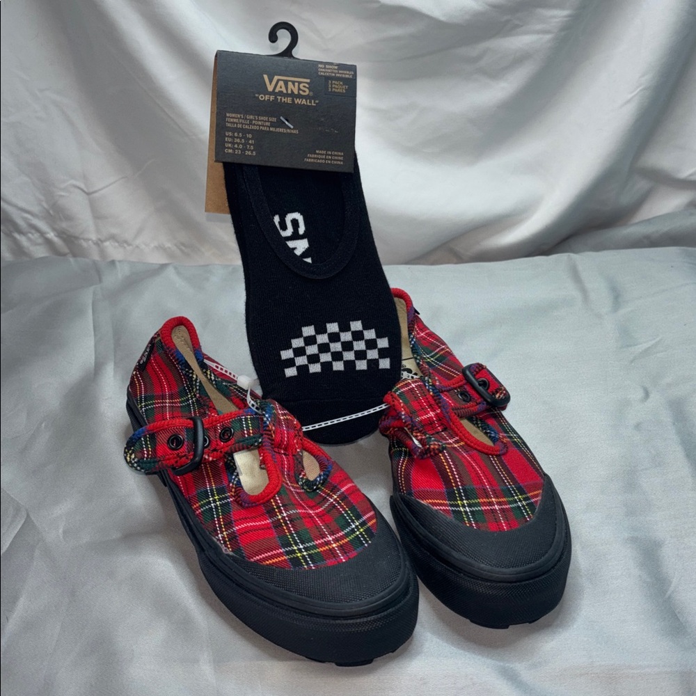 Vans Red and Black Plaid Sneakers includes 3 pack No Show Vans Socks 🧦 - Picture 2 of 11